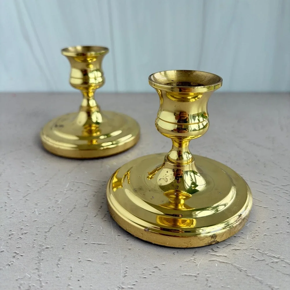 Baldwin Brass Candlestick Holders Set of 2 Short Polished Gold Taper Holders USA